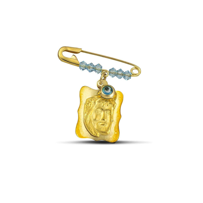 Χρυσή παραμάνα Κ9 με γαλάζιες χάντρες και κρεμαστό Χριστός MSP0302.028