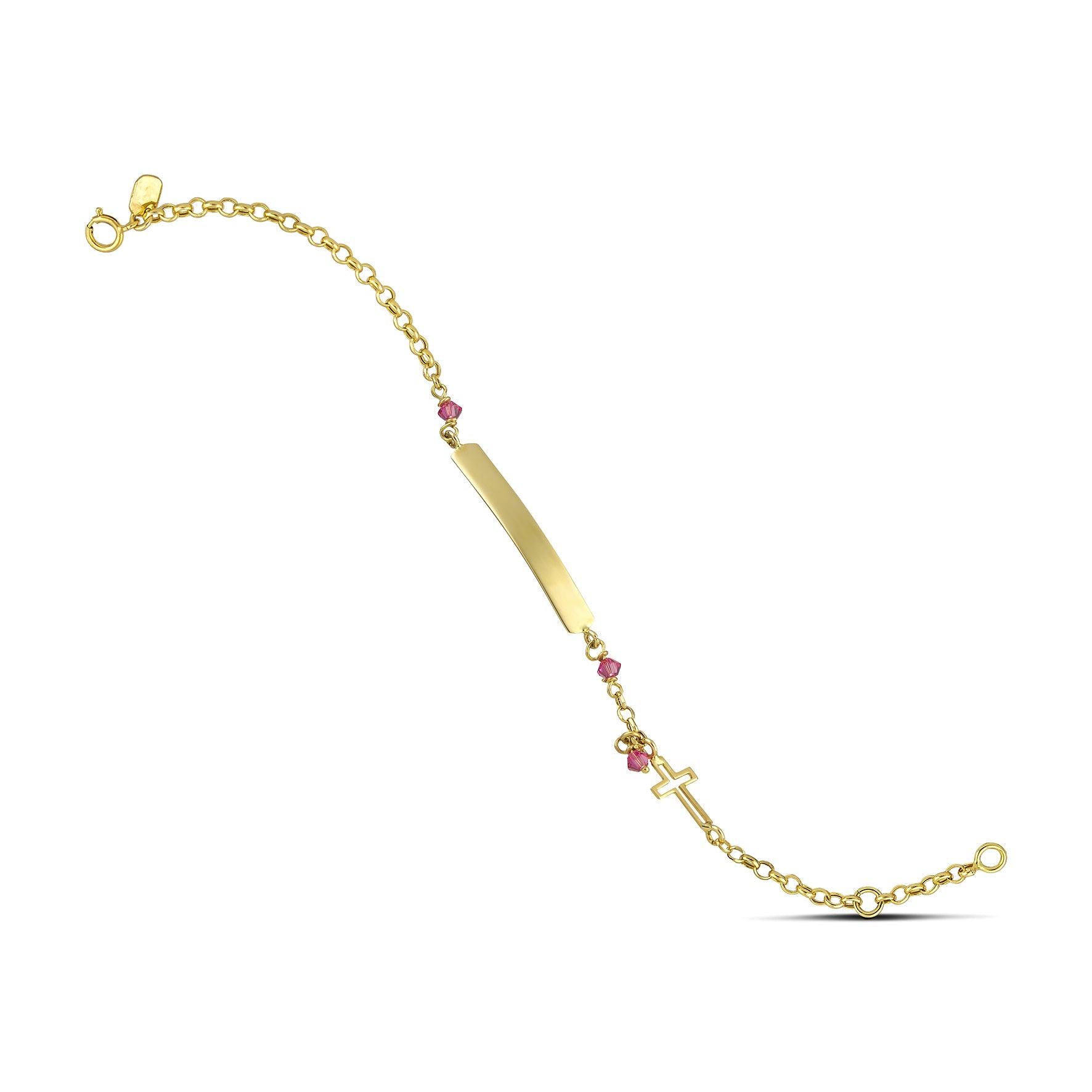 Χρυσό βραχιόλι ταυτότητα Κ14 με σταυρό και ροζ πέτρα