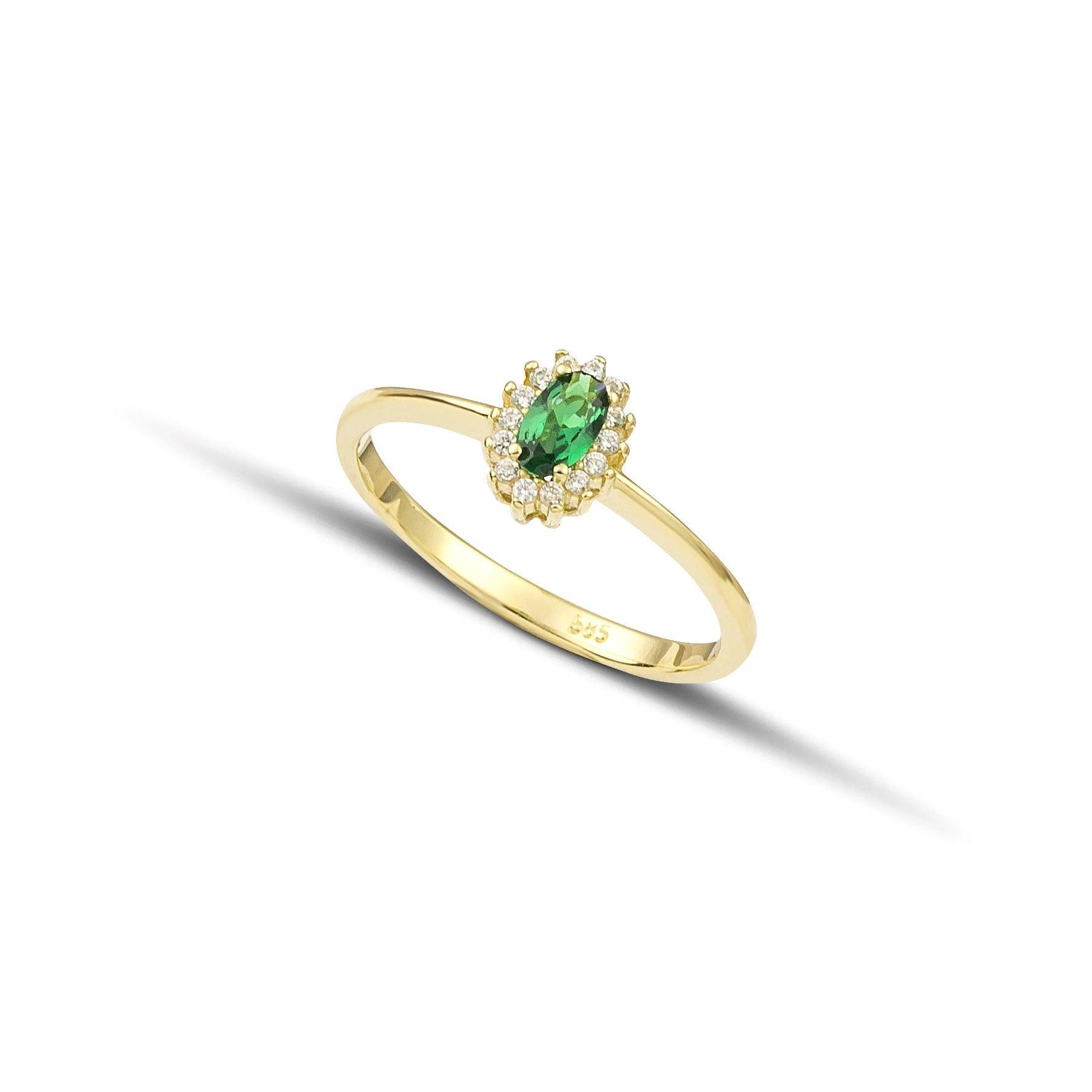 Χρυσό δακτυλίδι Κ14 ροζέτα οβαλ  με πράσινη πέτρα