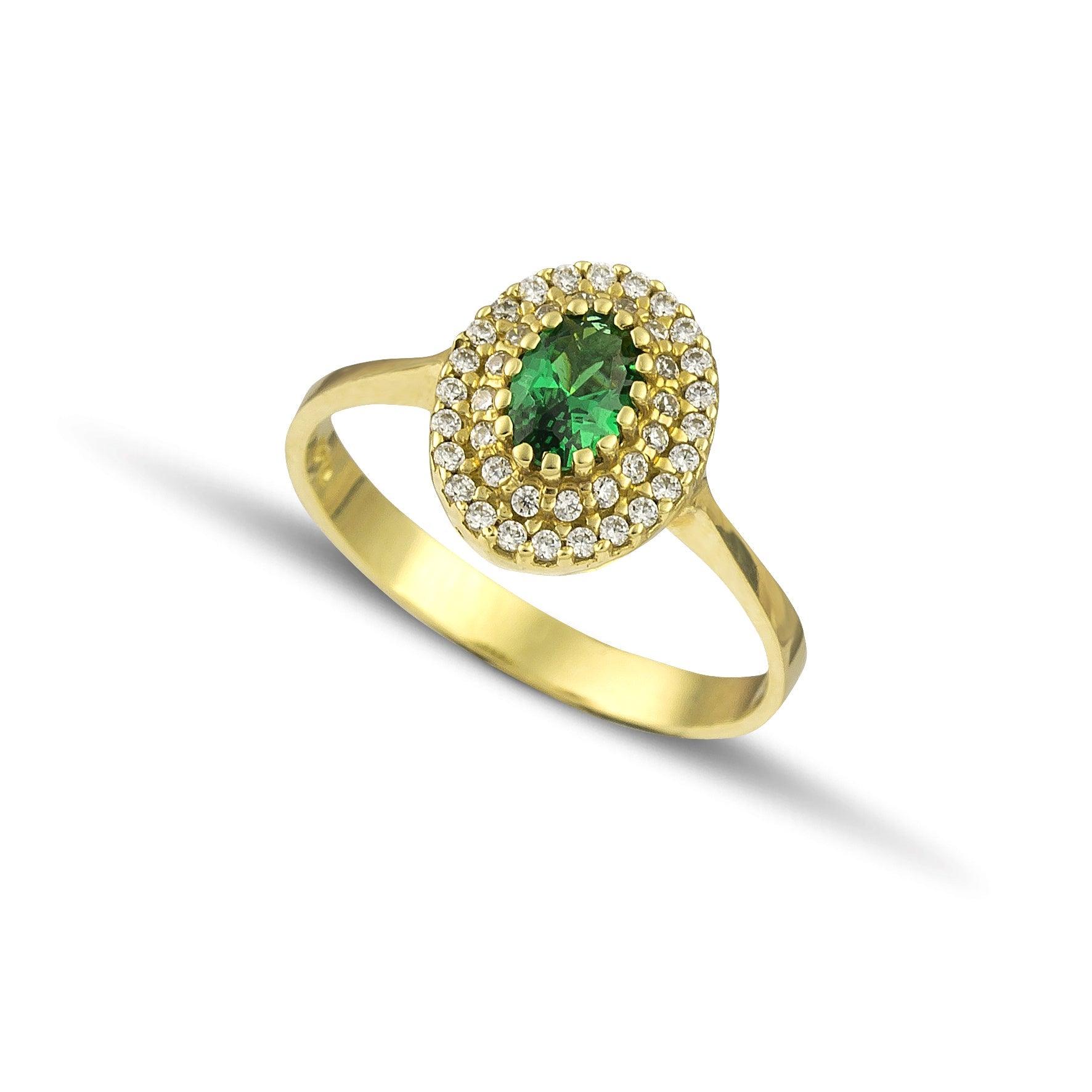 Χρυσό δαχτυλίδι Κ14 ροζέτα με πράσινη πέτρα