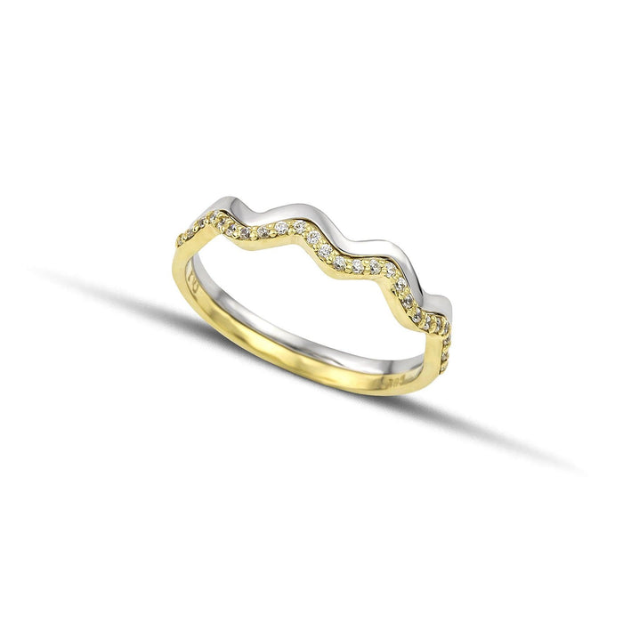 Δαχτυλίδι από χρυσό και λευκόχρυσο Κ14 με κυματιστά σχέδια και λευκά ζιργκόν.