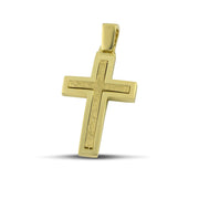 Ανδρικός σταυρός από χρυσό Κ14 διπλής όψης με γυαλιστερή και ανάγλυφη επιφάνεια. Φορεμένος σε μοντέλο.