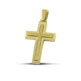 Ανδρικός σταυρός από χρυσό Κ14 διπλής όψης με γυαλιστερή και ανάγλυφη επιφάνεια.
