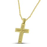 Ανδρικός σταυρός από χρυσό Κ14 διπλής όψης με γυαλιστερή και ανάγλυφη επιφάνεια. Φορεμένος σε «θ» αλυσίδα.