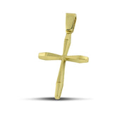 Μοντέρνος σταυρός βάπτισης διπλής όψης από χρυσό Κ14 για αγόρι, σε μοντέλο.