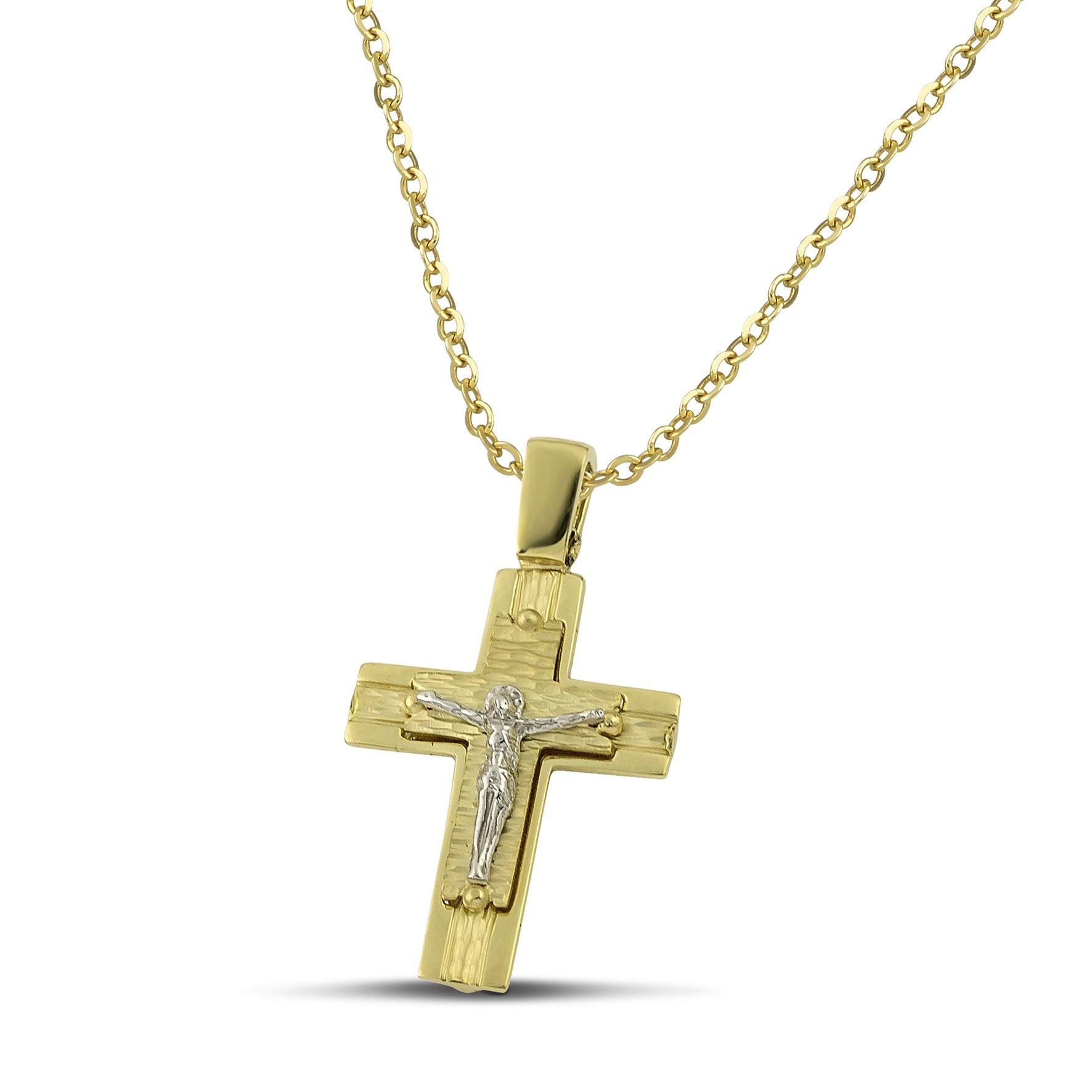 Ανδρικός βαπτιστικός σταυρός από χρυσό Κ14 διπλής όψης, φορεμένος σε λεπτή αλυσίδα. 