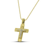 Ανδρικός βαπτιστικός σταυρός από χρυσό Κ14 διπλής όψης, φορεμένος σε λεπτή αλυσίδα. 