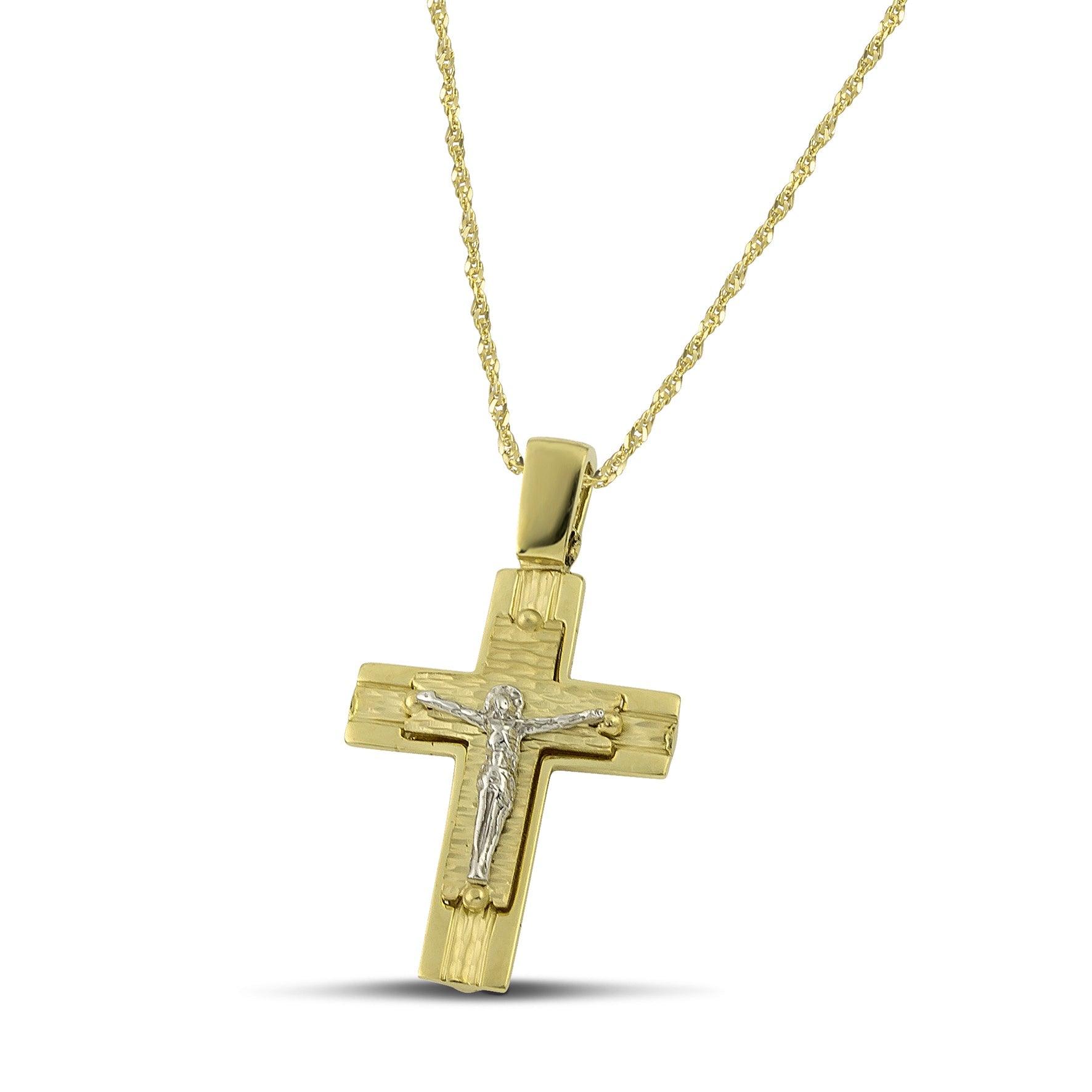 Ανδρικός βαπτιστικός σταυρός από χρυσό Κ14 διπλής όψης, φορεμένος σε λεπτή, στριφτή αλυσίδα. 