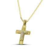 Ανδρικός βαπτιστικός σταυρός από χρυσό Κ14 διπλής όψης, φορεμένος σε κλασσική αλυσίδα. 
