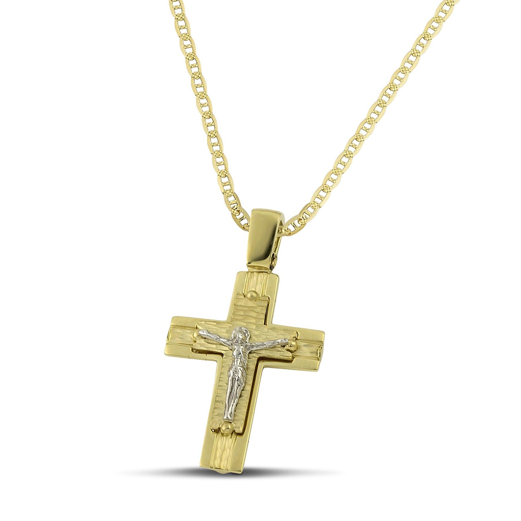 Ανδρικός βαπτιστικός σταυρός από χρυσό Κ14 διπλής όψης, φορεμένος σε «Θ» αλυσίδα. 