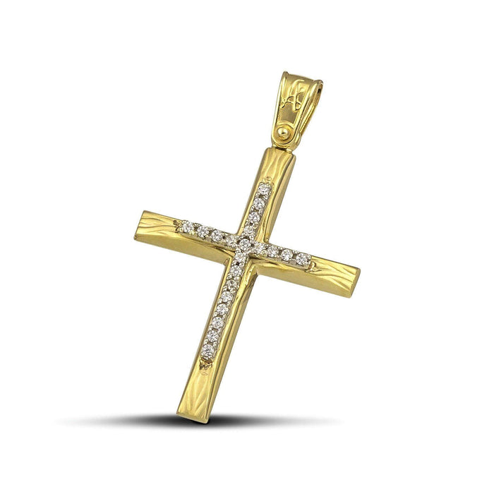Χρυσός σταυρός βάπτισης Κ14 για κορίτσι. Ανάγλυφο σχέδιο με ζιργκόν.