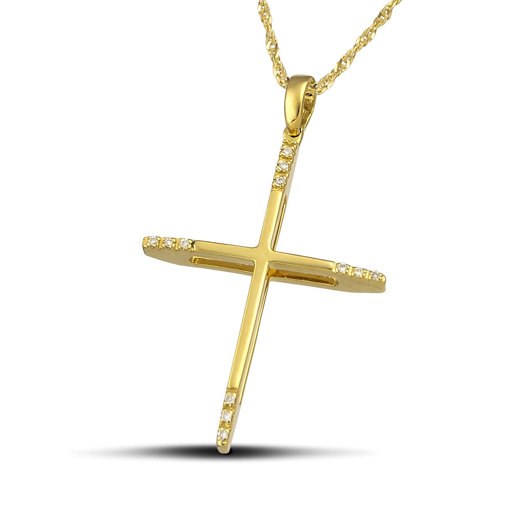 Γυναικείος σταυρός διπλής όψης από χρυσό Κ18 με διαμάντια και στριφτή αλυσίδα.