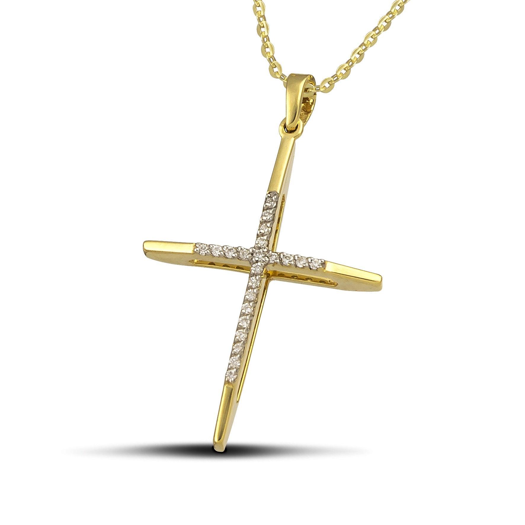 Γυναικείος σταυρός χρυσός Κ18 διπλής όψης με διαμάντια και αλυσίδα. 