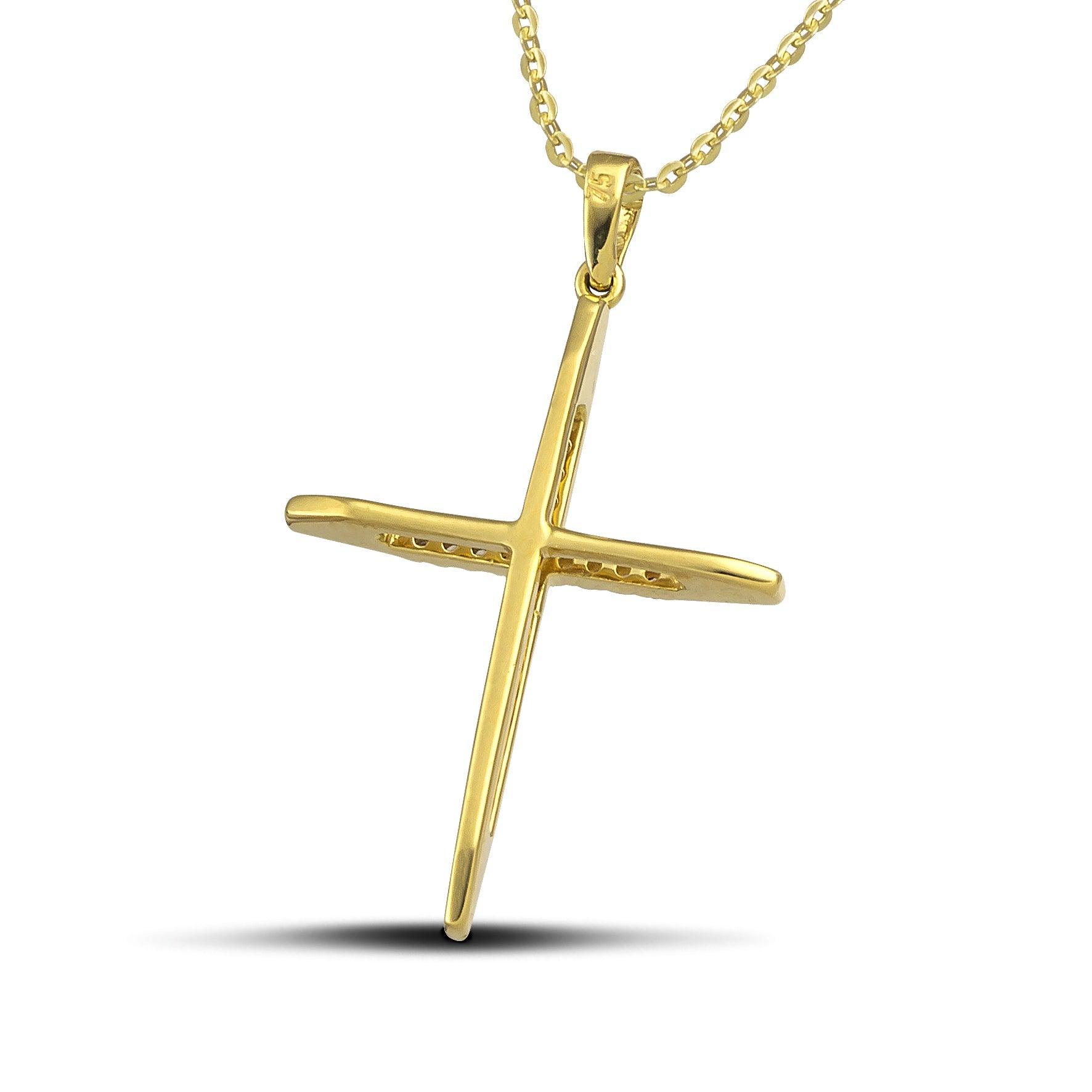 Γυναικείος σταυρός χρυσός Κ18 διπλής όψης με διαμάντια και αλυσίδα. 